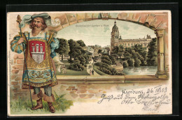 Lithographie Hamburg-St.Pauli, Botanischer Garten Und Post, Zeremonienmeister Mit Stadtwappen  - Mitte