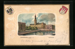 Passepartout-Lithographie Hamburg, Blick Auf Das Rathaus, Ornamente, Wappen  - Autres & Non Classés