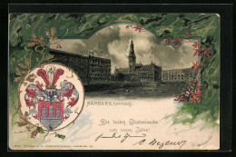 Passepartout-Lithographie Hamburg, Rathaus, Wappen - Neujahrsgruss  - Other & Unclassified