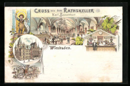 Lithographie Wiesbaden, Rathaus Mit Restaurant Ratskeller Von Karl Bausenhart  - Wiesbaden