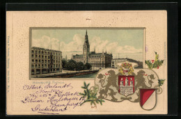 Passepartout-Lithographie Hamburg, Ortspartie Am Rathaus, Wappen  - Autres & Non Classés