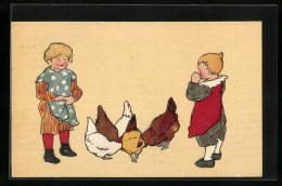 Präge-AK Zwei Kinder Mit Einer Hühnerschar  - Vögel