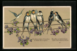 Präge-AK Vier Schwalben Mit Brief Und Blumen-Banderolen  - Vogels