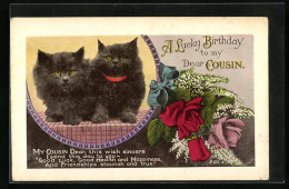 Künstler-AK Zwei Kleine Schwarze Katzen Und Ein Blumenstrauss - Geburtstagsgruss  - Cats