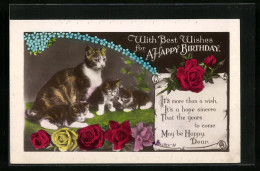 Künstler-AK Katze Mit Ihren Jungen, Rosenblüten - Geburtstagsgruss  - Chats