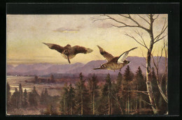 Künstler-AK Zwei Zugvögel über Einer Waldigen Landschaft  - Vögel