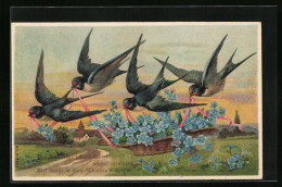 Präge-AK Schwalben Mit Vergissmeinnichtkorb Beim Flug über Eine Landstrasse  - Vögel