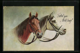 Künstler-AK Portrait Zweier Pferde Mit Zaumzeug  - Horses