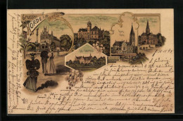 Lithographie Hörde I. W., Kreishaus, Kriegerdenkmal Mit Post, Evangelische Kirche  - Other & Unclassified