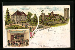 Lithographie Wohldenberg, Hotel-Schloss Wohldenberg, Innenansicht, Aussichtsturm Und Ruine Mit Alter Katholischer Kirc  - Other & Unclassified
