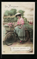 AK Un Bonjour, Bonne Année 1911, Dame Mit Blumen Auf Fahrrad  - Altri & Non Classificati