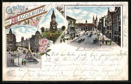 Lithographie Magdeburg, Der Alte Markt, Kriegerdenkmal, Hasselbachbrunnen  - Magdeburg