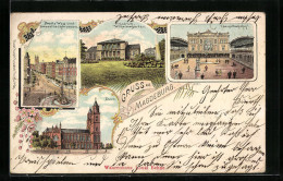 Lithographie Magdeburg, Breite Weg Und Hasselbachbrunnen, Hauptbahnhof, Dom  - Magdeburg