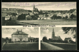 AK Niederwürschnitz I. Erzgeb., Totalansicht, Ortskrankenhaus Und Kirche Mit Pfarrhaus  - Autres & Non Classés