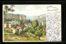 Lithographie Schweizermühle, Ortsansicht Mit Bergen  - Other & Unclassified