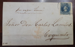 O) 1857 CHILE, VALPARAISO, POR VAPOR LIMA - PSNC, STEAM BOAT,  ENTIRE LETTER, FRONT BEARING ESTANCOS, CHISTOPHER COLUMBU - Chile