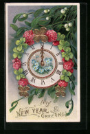 AK New Year Greetings, Uhr Mit Kleeblättern Zu Mitternacht  - Autres & Non Classés