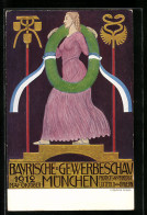 Künstler-AK München, Bayrische Gewerbeschau 1912, Schöne Frau Mit Kranz  - Ausstellungen