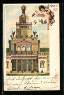 Lithographie München, II. Kraft- Und Arbeitsmaschinen-Ausstellung 1898, Mittelbau, Engelchen  - Exhibitions