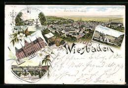 Lithographie Wiesbaden, Ortsansicht Vom Neroberg, Rathaus, Kochbrunnen  - Wiesbaden