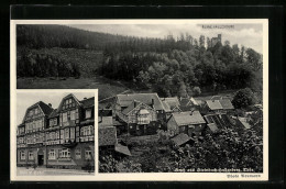 AK Steinbach-Hallenberg /Thür., Ortsansicht, Ruine Hallenburg, Döll`s Hotel  - Steinbach-Hallenberg