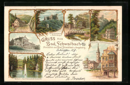 Lithographie Bad Schwalbach, Burg Gerolstein, Kurhaus, Riesenmühle  - Bad Schwalbach