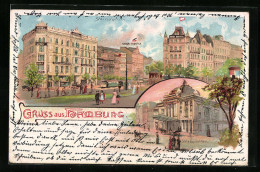 Lithographie Hamburg-St.Georg, Hansa Theater, Schauspielhaus, Hotel Bristol  - Théâtre