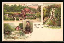 Lithographie Trusenthal, Gasthaus Zum Trusenthaler Wasserfall, Trusenthaler Wasserfall, Frau In Tracht  - Other & Unclassified