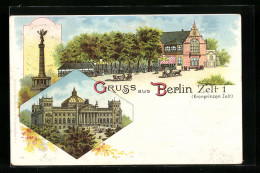 Lithographie Berlin, Gasthaus, Zelt 1, Kronprinzen Zelt, Siegessäule  - Tiergarten