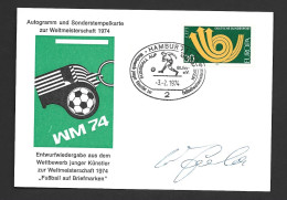 West Germany Soccer World Cup 1974 Illustrated Postal Card , Signed Uwe Seeler , Special Postmark  30 Pf Europa Franking - 1974 – Germania Ovest