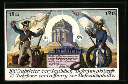 AK Kelheim, Jahrhundertfeier In Der Befreiungshalle 1913, Deutsche Soldaten Mit Fahne Und Gebäude, Ganzsache Bayern  - Cartes Postales