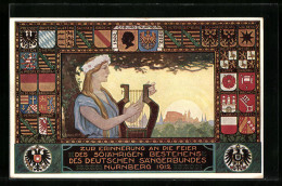AK Nürnberg, Sängerfest 1912, Festpostkarte Mit Ortsansicht Und Figur Mit Lyra, Wappen, Ganzsache Bayern  - Cartes Postales