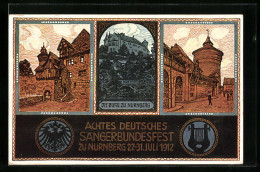 AK Nürnberg, Sängerfest 1912, Festpostkarte Mit Ansichten Der Burg, Reichsadler Und Lyra, Ganzsache Bayern  - Cartes Postales