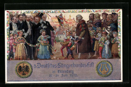 AK Nürnberg, Sängerfest 1912, Festpostkarte Mit Festaufzug Vor Ortsansicht, Reichsadler Und Lyra, Ganzsache Bayern  - Postcards