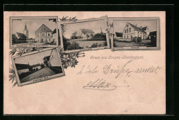 Passepartout-AK Langen-Reichenbach, Gasthaus Zur Friedenseiche, Ziesings Gut, Pfarrhaus Und Schule  - Reichenbach I. Vogtl.