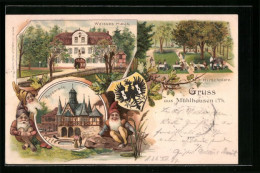 Lithographie Mühlhausen /Th., Weisses Haus, Popperode, Hirschplatz, Zwerge Und Wappen  - Mühlhausen