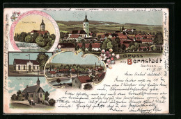Lithographie Bernstadt I. Sa., Totalansicht, Pliessnitz-Wehr, Turnhalle, Friedhofkapelle  - Other & Unclassified