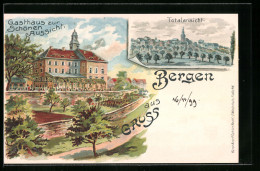 Lithographie Frankfurt-Bergen, Gasthaus Zur Schönen Aussicht, Totalansicht  - Frankfurt A. Main