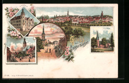 Lithographie Sangerhausen, Kreishaus, Ulrichsplatz Mit Kirche Und Kriegerdenkmal, Markt Und Jacobikirche  - Sangerhausen