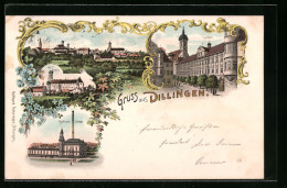 Lithographie Dillingen, Ortsansicht, Lyceum, Schloss, Elektrische Zentrale  - Dillingen