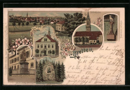 Lithographie Bretten, Ortsansicht, Stiftskirche, Rathaus, Melanchthon-Denkmal  - Bretten