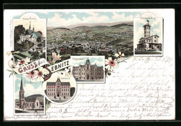 Lithographie Sebnitz, Grenadierburg, Rathaus, Postgebäude  - Sebnitz