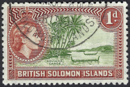 BRITISH SOLOMON ISLANDS 1956 QEII 1d Yellow-Green & Red-Brown SG83 Used - British Solomon Islands (...-1978)