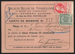 Carte De Membre "Société Belge De Timbrologie" Affr N°74+81 De BRUXELLES/1911 - 1905 Thick Beard