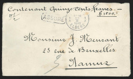 L. Affr. N°75(x2)+76 Càd IXELLES/ELSENE/1912 Pour NAMUR + Encadr. "ASSURE" (au Dos: Càd Oval Bruxelles) - 1905 Thick Beard