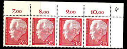RFA Poste N** Yv: 305 Mi:429 Heinrich Lübke Deutscher Bundespräsident Coin De Feuille Bande De 4 - Unused Stamps