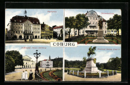 AK Coburg, Marktplatz, Josiasdenkmal, Hoftheater Mit Palais Edinburg, Denkmal Herzog Ernst II.  - Theatre