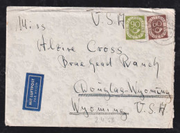 BRD Bund 1953 Posthorn 90Pf + 60Pf Luftpost Brief TRIER X DOUGLAS WYOMING USA - Covers & Documents