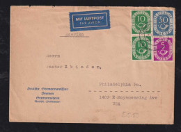 BRD Bund 1953 Posthorn 50Pf + 2x10Pf + 5Pf Luftpost Brief BREMEN X PHILADELPHIA USA - Covers & Documents