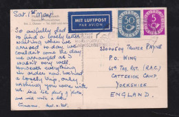 BRD Bund 1953 Posthorn 30Pf + 5Pf Luftpost Postkarte GARMISCH – CAMP CATTERICK England Hotel Wittelsbach - Covers & Documents